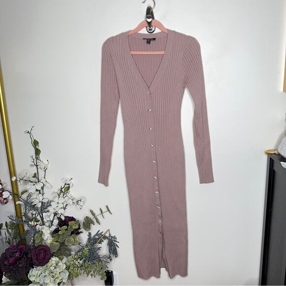 EXPRESS Ribbed Jewel Button Front Midi Sweater Dress Mauve Pink {XX1} - Picture 5 of 9
